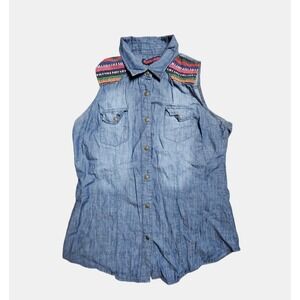 Rock & Roll Cowgirl Chambray Denim Sleeveless Top Snap Womens L Western Cotton